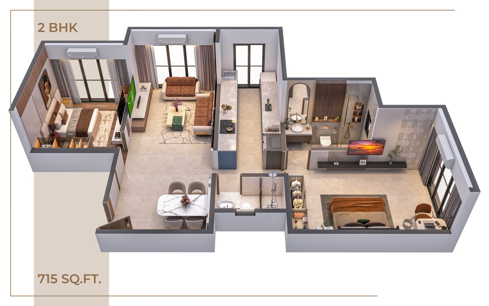 2 BHK 715 Sq. Ft. - 3D View Unit Plan